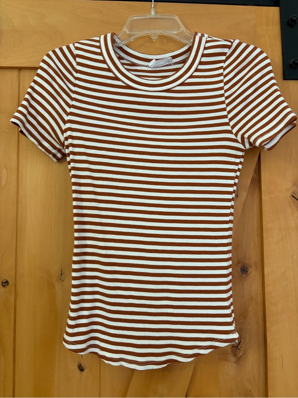 Carly Jean Los Angeles Rust and White Striped Ribbed Short Sleeve Tee